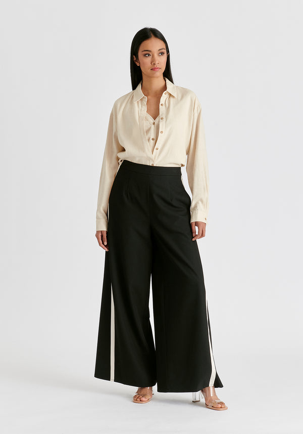 Contrast Trim Wide Leg Trousers in Black and Beige